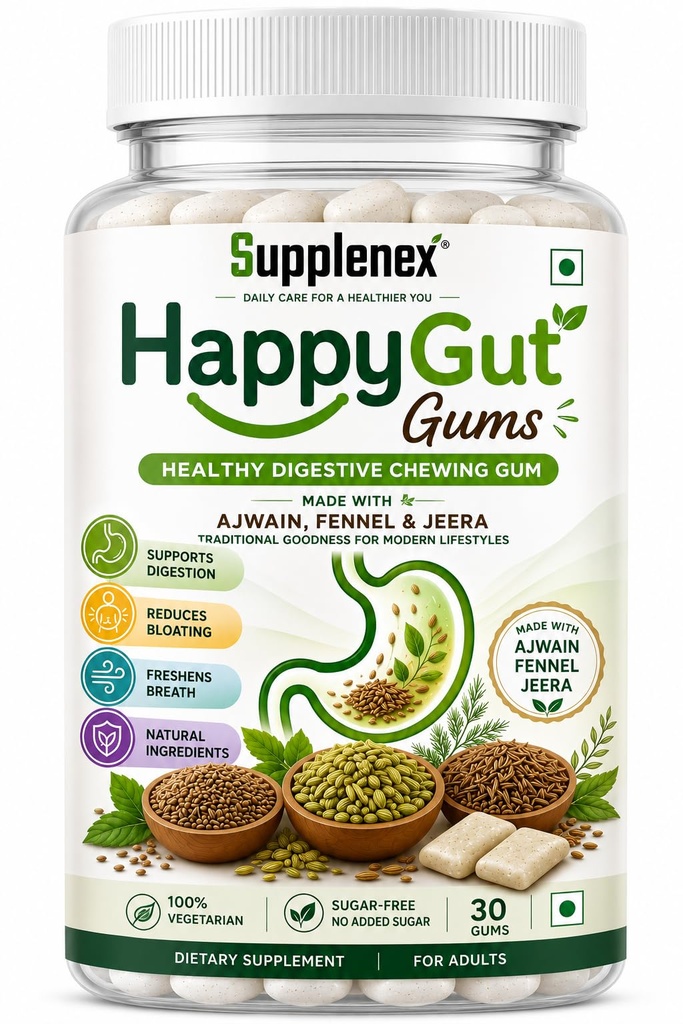 Supplenex HappyGut Herbal Digestive Chewing Gum | Sugar Free | Ajwain, Fennel & Jeera | Supports Healthy Digestion & Helps Reduce Bloating | Natural Mouth Freshener | 30 Gums