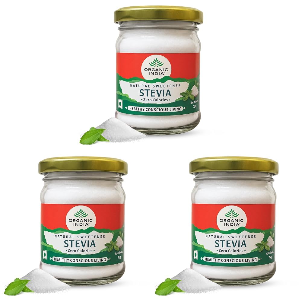 A TATA Product – Organic India Stevia Powder – 75g | Plant-Based Natural Sweetener | Zero Calories | Sugar-Free | Low Glycemic Index (Pack of 3)