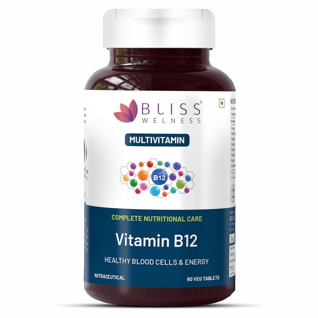 Bliss Welness Vitamin B12 100% RDA | Cynocobalamine | Boost Energy Levels Healthy Nervous System & Brain Function Supplement for Men & Women - 60 Vegetarian Tablets