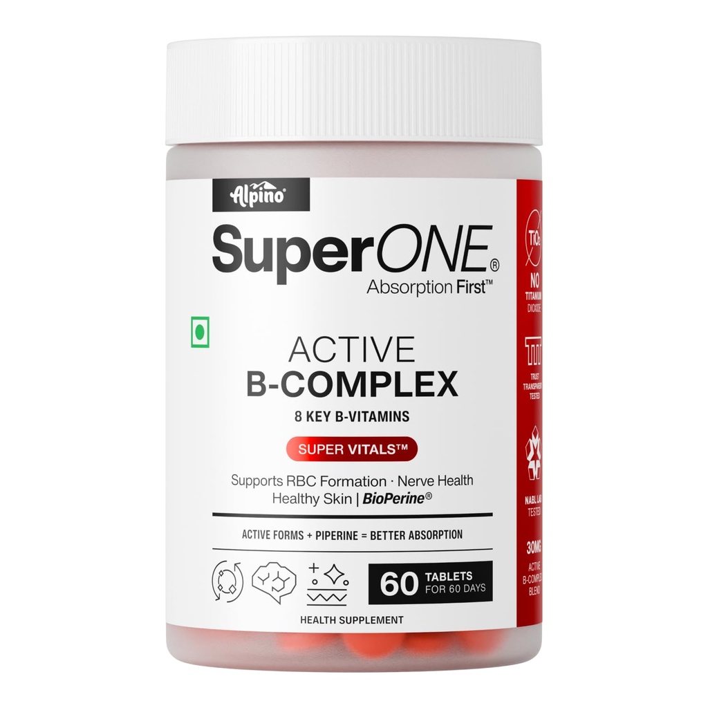Alpino SuperONE Active B-Complex Tablets | Vitamin B Complex Supplement with B12, B6, Biotin & BioPerine® | Energy, Nerve & Skin Support | 60 Tablets