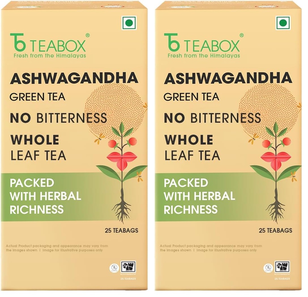 Teabox Ashwagandha Green Tea 25 Teabags | Ayurvedic Blend of Premium Green Tea and Natural Ashwagandha | Silken Pyramid Teabags (Pack of 2)