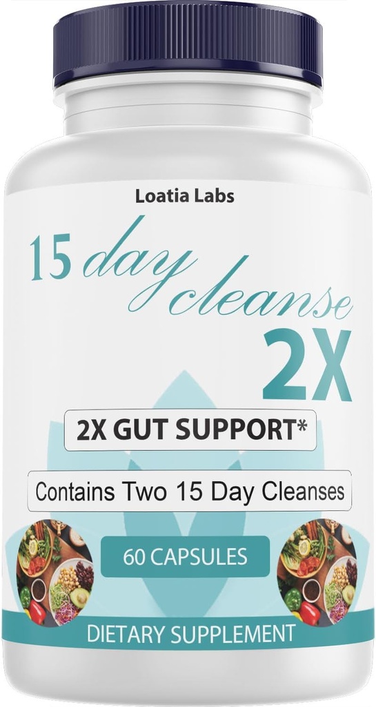 15 Day Cleanse 2X - Double Gut & Colon Support - Advanced Gut Cleanse Detox for Women & Men with Alfalfa, Cascara Sagrada, Probiotics & Psyllium Husk - Non-GMO - Made in USA - 60 Capsules (1 Bottle)