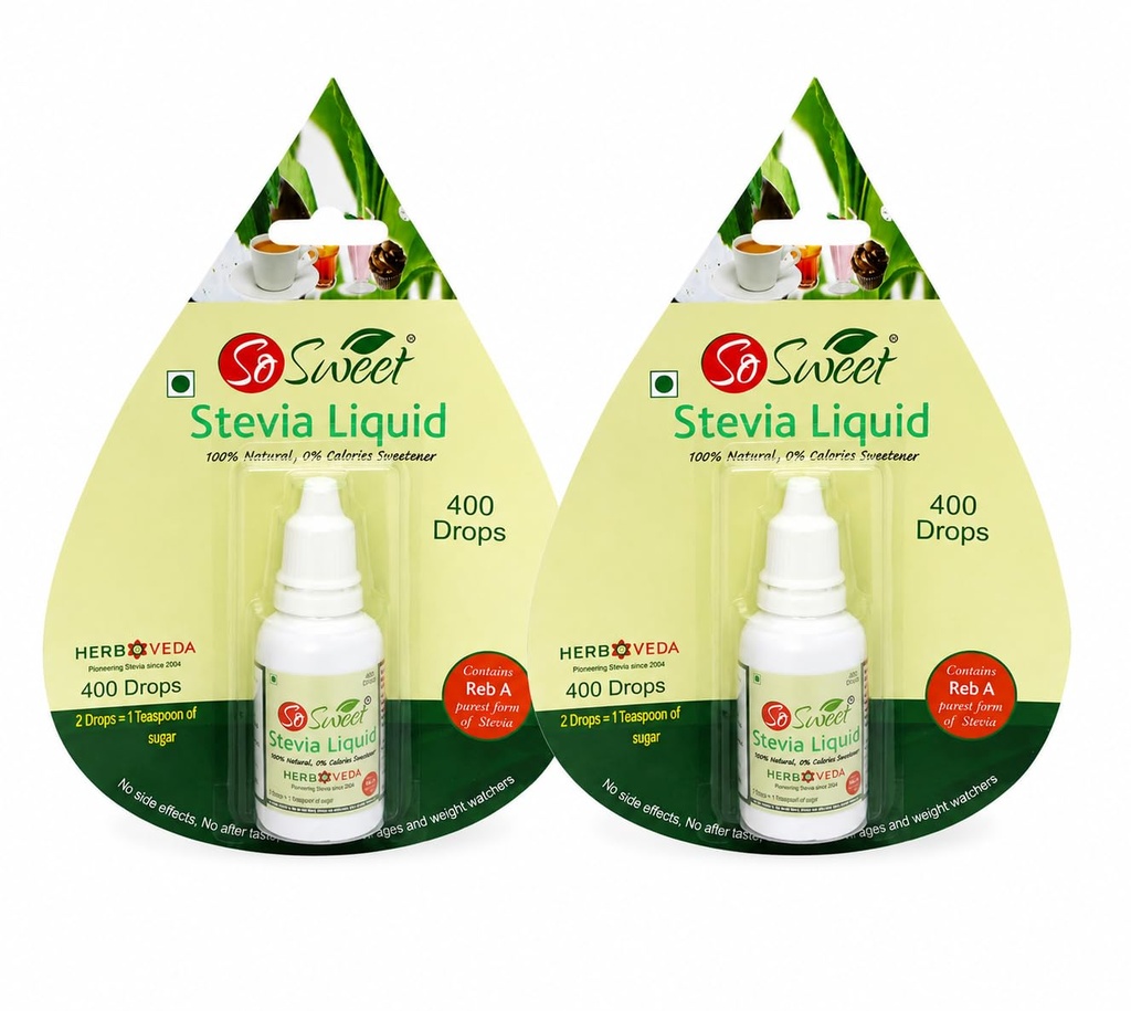So Sweet Stevia Liquid – Pack of 2, 800 Drops, 100% Natural Sweetener for Weight Management, Sugar-Free, Zero Calorie, Diabetic & Keto Friendly, Convenient for Beverages & Baking