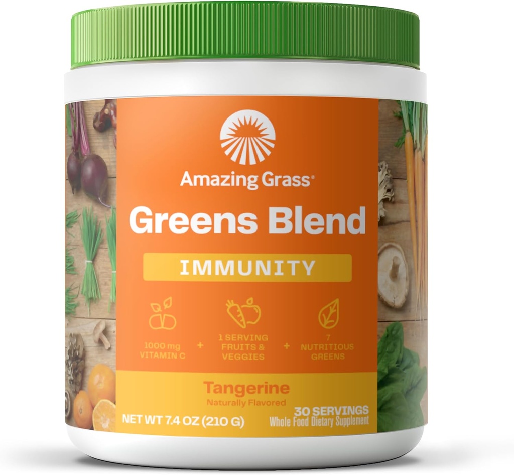 Amazing Grass Green Superfood Immunity: Super Greens Powder with Vitamin C, Cordyceps, Beet Root Powder & Reishi Mushrooms, Tangerine, 30 Servings