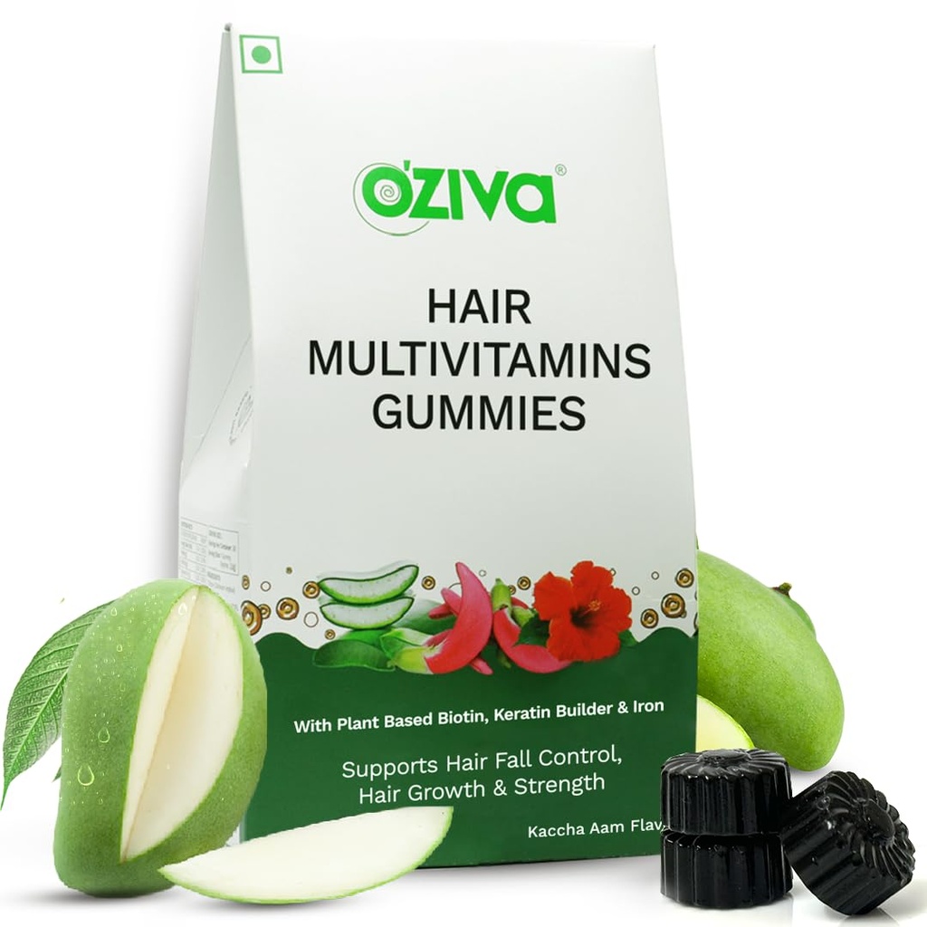 OZiva Biotin Hair Multivitamins Gummies For Stronger,Fuller,Shinier Hair|Hair Gummies With Keratin Builder,Iron&Vitamins B9,B6&D|Raw Mango Flavour|No Added Sugar (Pack Of 1,30 Gummies)