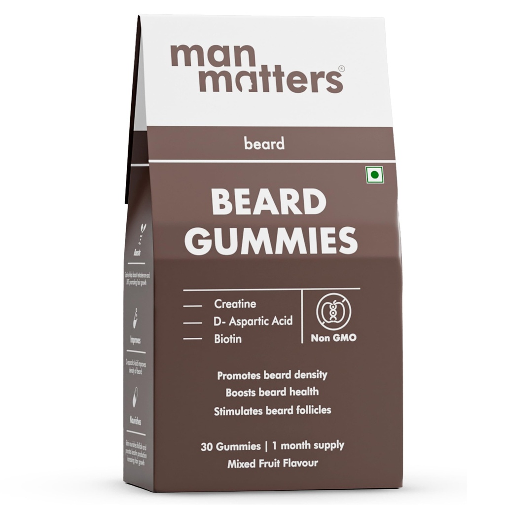 Man Matters Beard Gummies for Men | 30 Days Pack | Thicken Beard, Stimulates Beard Follicles & Improves Beard Density | Biotin, D-aspartic Acid & Creatine | Gelatin-Free,100% Veg