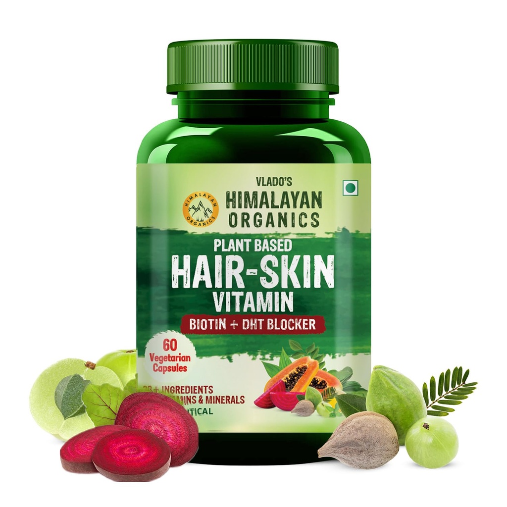 Vlado’s Himalayan Organics Pure Biotin, DHT Blocker Supplement, Plant-Based Vitamin B1, B2 , B3, B5, B6, B7 , B9, B12 , Vitamin c ,Vitamin D3 ( Cholecalciferol ) (With Goodness of Nettle Leaves | Helps Reduce Hair Fall, Controls Hair Fall, Stimulates Hair Follicles & Promotes Hair Growth | For Men And Women - 60 Veg Capsules