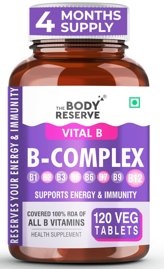The Body Reserve Vitamin B Complex Tablets- 120 Veg Tablets 100% Rda Of Vitamin B1, B2, B3, B5, B6, B7, B9 & B12, Vitamin B Complex Supplements For Women & Men (4 Months Supply Pack)