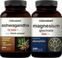 NatureBell Magnesium Glycinate Capsules 500mg & Ashwagandha 12,500 mg Equivalent with Black Pepper Bundle Pack | Chelated & Purified Mineral | Adaptogens Supplements for Relaxation