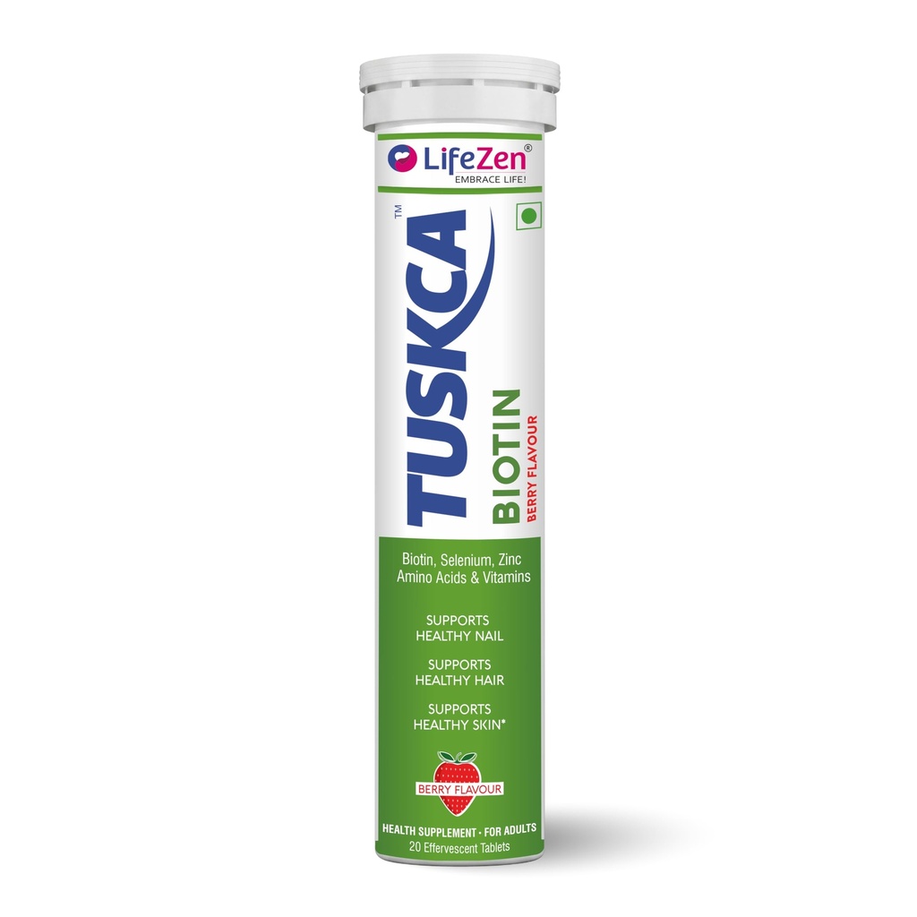 Tuskca Biotin + Selenium + Zinc for Hair, Nails & Skin Health | 20 Effervescent Tablet (Pack of 1) Berry Flavour
