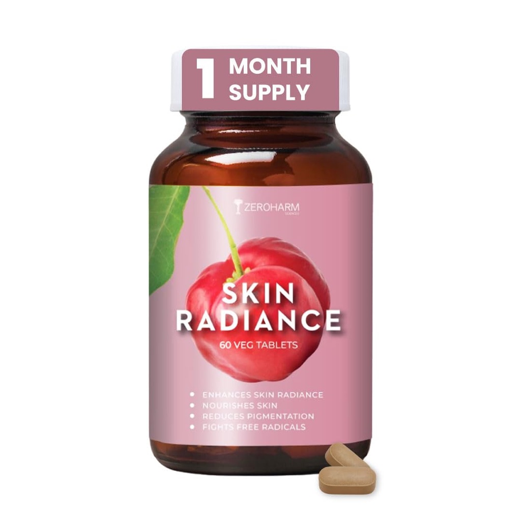 ZEROHARM Skin Radiance Supplement | L-Glutathione, Acerola Cherry Extract (Vitamin C), Biotin & E for Skin Whitening | Skin Glow, Reduce Dark Spots, Brighten & Hydrate Skin | Men & Women | 60 Tablets