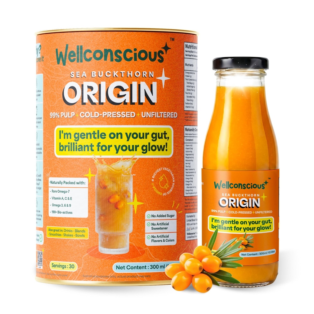 Wellconscious Sea Buckthorn Juice Origin 300ml | 100% Ladakh Berry Pulp | Immunity, Gut & Skin Glow Support | Natural Vitamin C, Omega 7 & 3-6-9 | Vegan, No Citric Acid or Sugar | Makes 50 Glasses