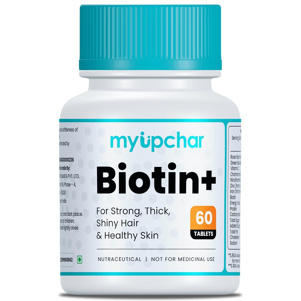 myUpchar Biotin+ Supplement with Vitamin C, Zinc, Iron & Niacinamide | Suplement for Strong & Thick Hair, Biotin Tablets for Hair Growth | Brightens Skin, Strengthens Hair & Nails | Veg Tablets - 60