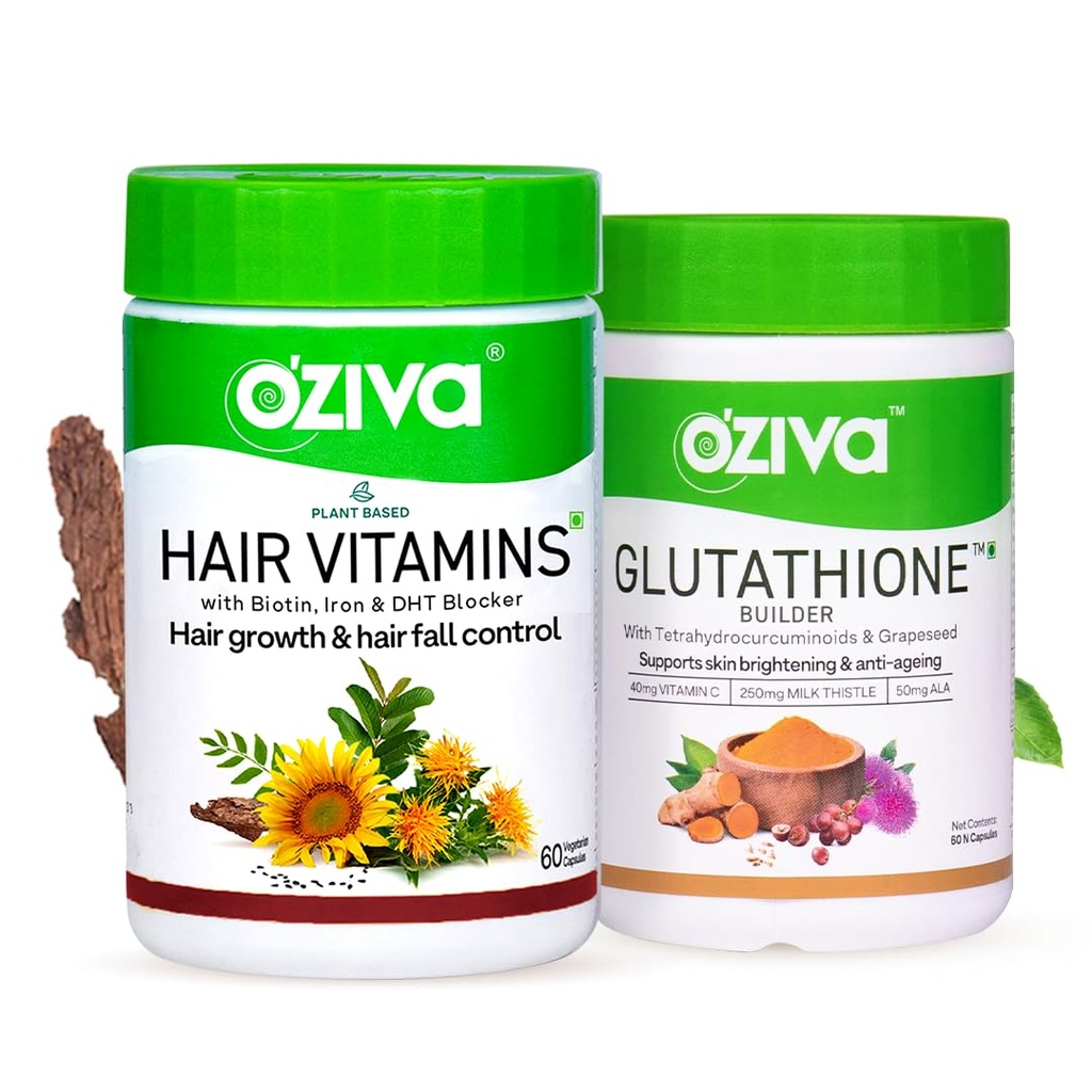 OZiva Hair Vitamin Capsules for Hair Growth & Hair Fall Control,100% Natural with Biotin, Iron, 60 Capsules and OZiva Plant Based Glutathione Builder for Skin Glow & Anti-Ageing 60 cap