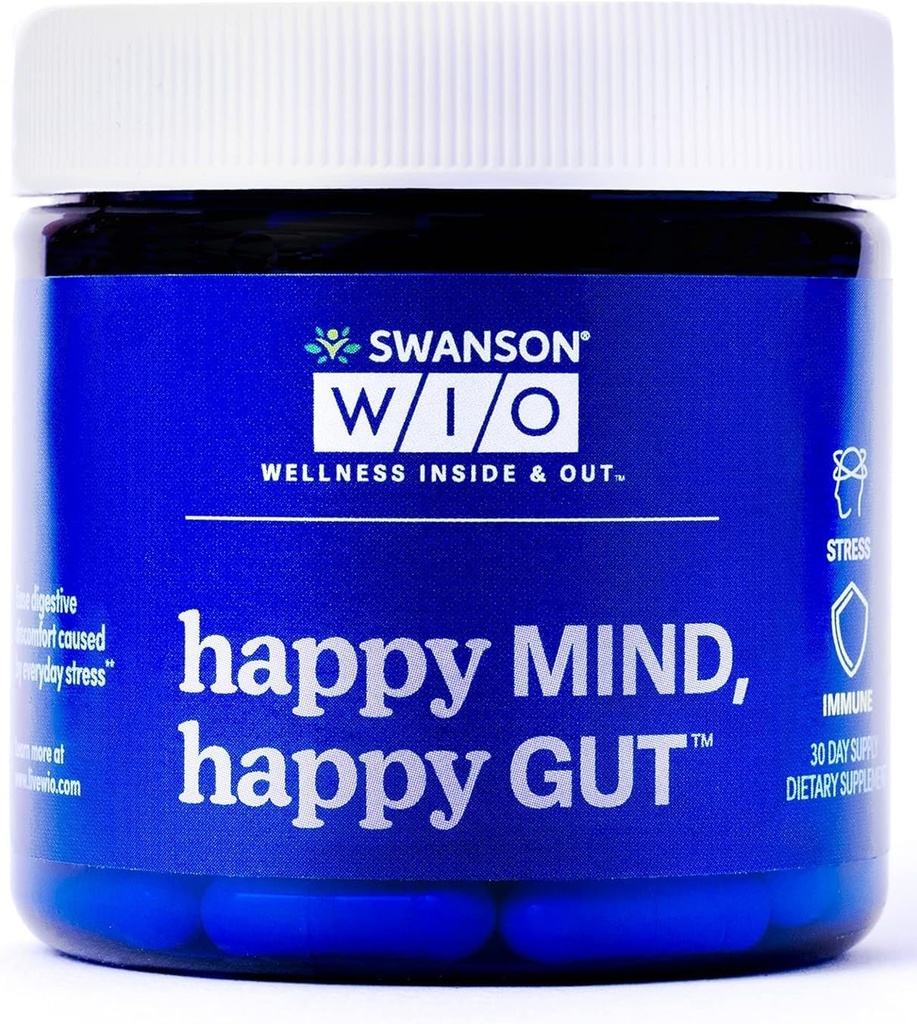 Swanson WIO Happy Mind, Happy Gut Stress Support, Digestive Support, Probiotics Promote Gut Microflora, Better, Cognitive Health, Wellness, 30 Veggie Capsules (30-Day Supply)
