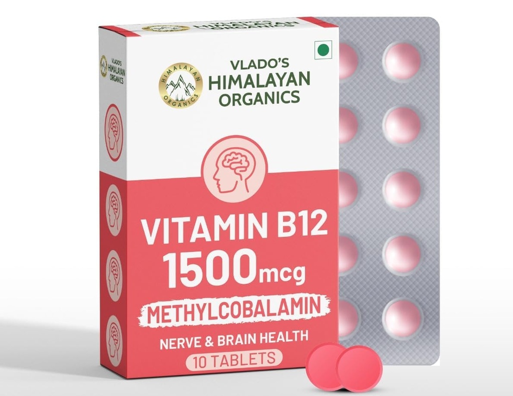 Vlado's Himalayan Organics Methylcobalamin Vitamin B12 1500mcg Supplement for Men & Women -10 Tablets (10 days Pack only)