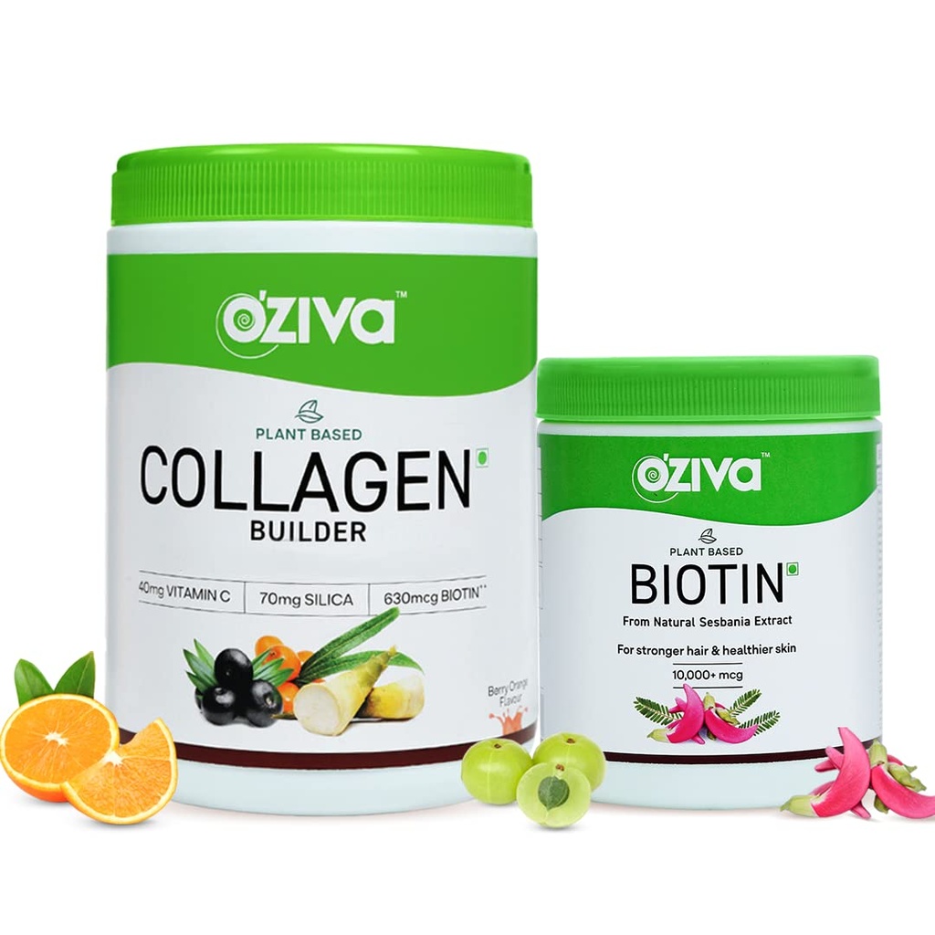 OZiva Plant Based Collagen Builder Powder (With Vitamin C) Berry Orange,250G & Plant Based Biotin 10000+ Mcg (With Natural Sesbania Agati Extract) For Stronger Hair & Healthier Skin,125G(Combo Pack)
