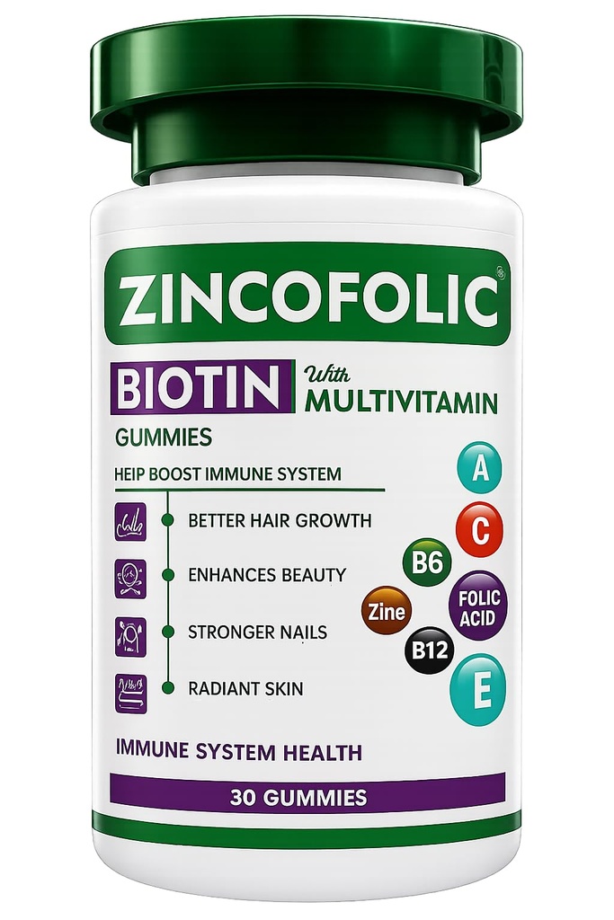 Zincofolic Biotin Gummies | Hair, Skin & Nails Support | Daily Multivitamin Gummies for Men & Women | With Biotin, Zinc, Folic Acid & Vitamins A, C, E, B6, B12 | 30 Gummies