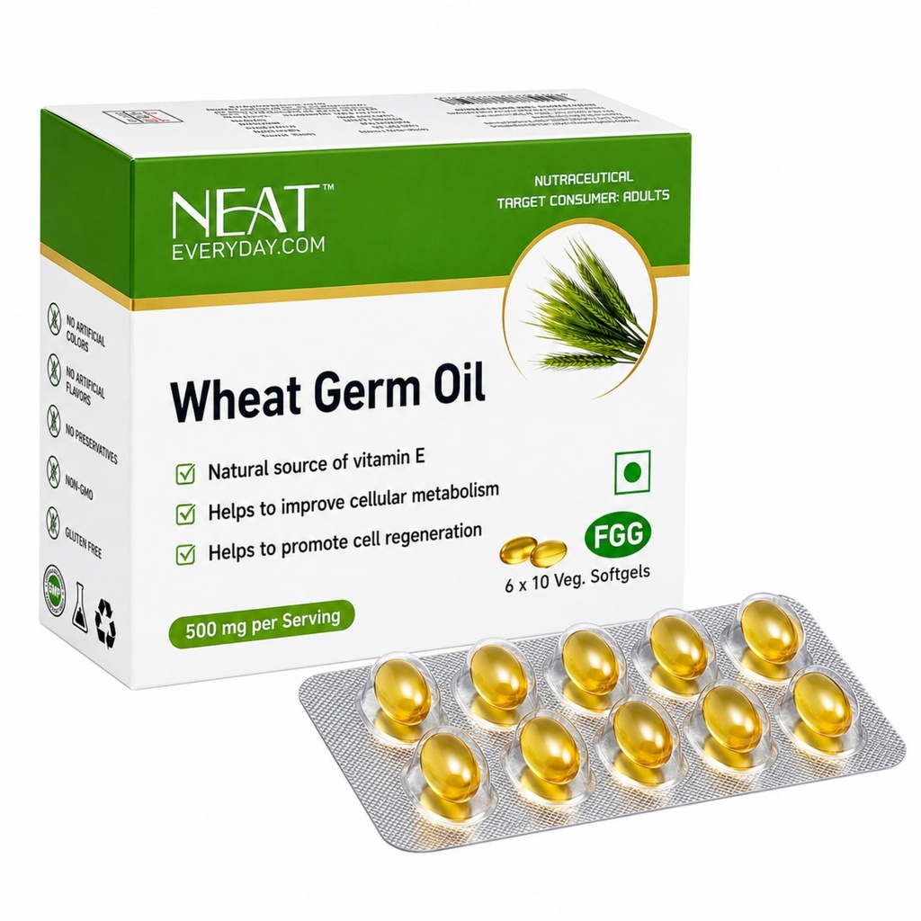 NEAT EVERYDAY Wheat Germ Oil Capsules Blister 1000mg per Serving | Vitamin E Antioxidant Softgels for Skin, Hair, Heart Health & Immune Support | Cold Pressed Vegan Softgels Capsules (60 Capsule, Blister)