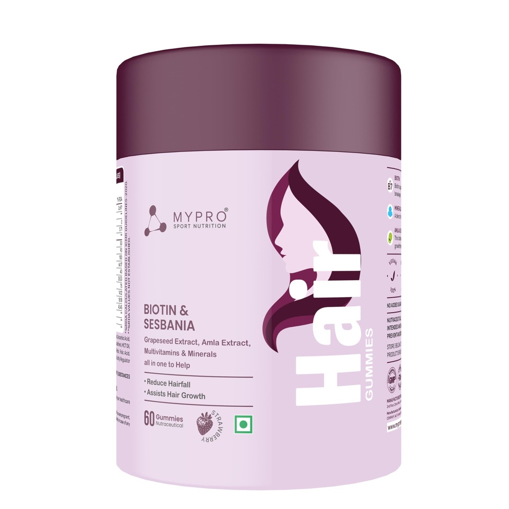 Mypro Sport Nutrition Biotin Hair 60 Gummies | for Stronger & Healthy Hair & Assists Hair Growth | With Sesbania,Amla Grapeseed Extract | Hair Supplements for Men&Women Strawberry Flavour (60 count (Pack of 1))