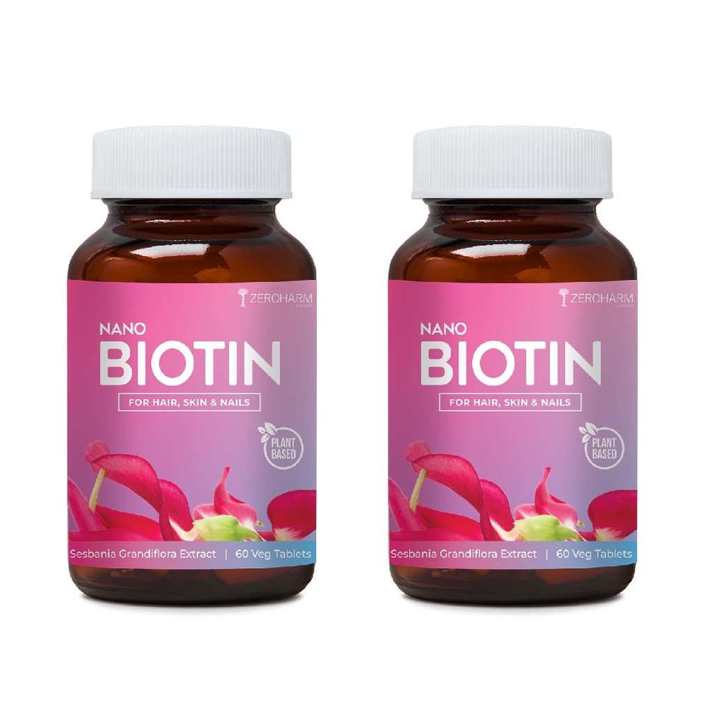 ZEROHARM Biotin Tablets for Hair Growth - Vitamin B7 from Sesbania Grandiflora - Supports Skin Hydration & Nail Strength - For Men & Women - Nano Formulated 120 Veg Tablets