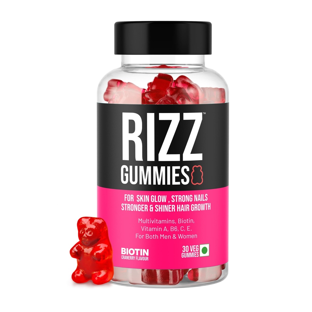 Rizz Biotin Hair Gummies | Skin Glow & Stronger Nails | Enriched with Biotin,Zinc,Folic Acid,Vitamin B12, A, C, E | Cranberry Flavored | 100% Vegan & Nutrient-Rich Formula