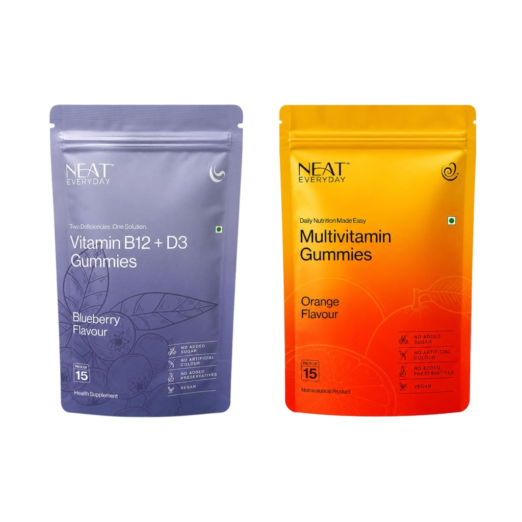 NEAT EVERYDAY Vitamin B12 + D3 & Multivitamin Gummies Combo | Daily Energy & Nutrition | No Added Sugar | Vegan | 15 Gummies Each