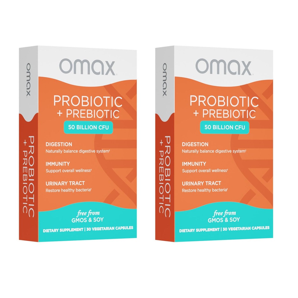 Omax3 Probiotic & Prebiotic 50 Billion CFU + Chicory Inulin, – 10 Strains Digestive Health Supplement – Supports Gut Health, Bloating Relief, Vegan, Dairy-Free, Gluten-Free, Non-GMO (2 Pack)