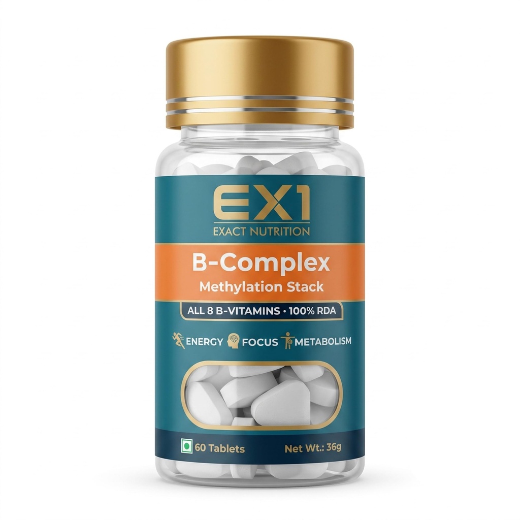 EX1 Vitamin B Complex Supplement Methylated | Vitamin B12 Supplements with All 8 B Vitamins at 100% RDA, Choline, Myo-Inositol & Betaine | B12 Vitamin Tablets for Energy, Focus & Metabolism | 60 Veg Tablets