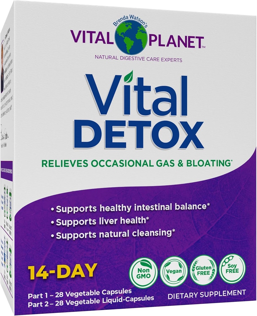 Vital Planet - Vital Detox with Milk Thistle, Quercetin, Alpha Lipoic Acid, Choline, and Herbs, for Occasional Gas and Bloating, Supports Healthy Intestinal Balance, 2-Part 14 Day Kit, 56 Capsules