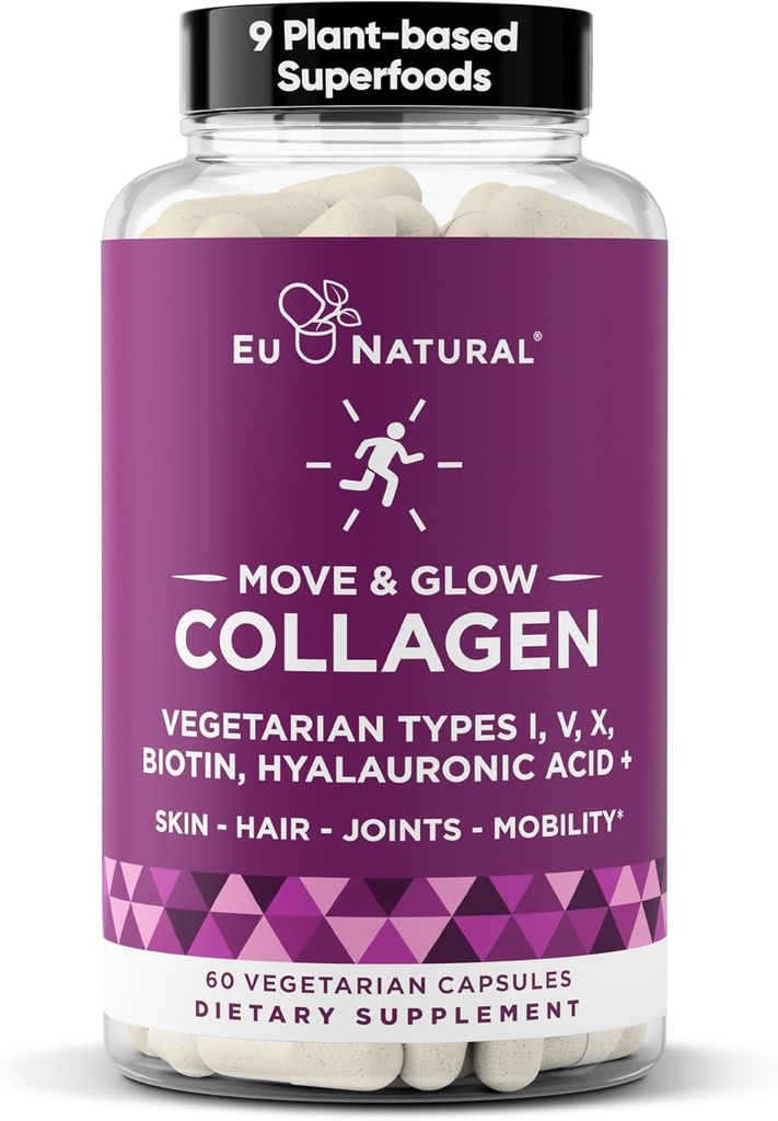 Move & Glow Collagen Pills for Women & Men – Vegetarian Multi-Collagen (Type I-V-X) with 9 Plant-based Superfoods for Skin Health & Joint Support – Biotin, Vitamin C, Vitamin E, 60 Vegetarian Capsules