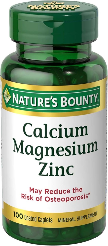 Nature's Bounty Calcium Magnesium & Zinc Caplets, Immune & Bone Health, Daily Supplement, 1000mg Calcium, 400mg Magnesium, 600 IU Vitamin D, Gluten Free, 100 Caplets