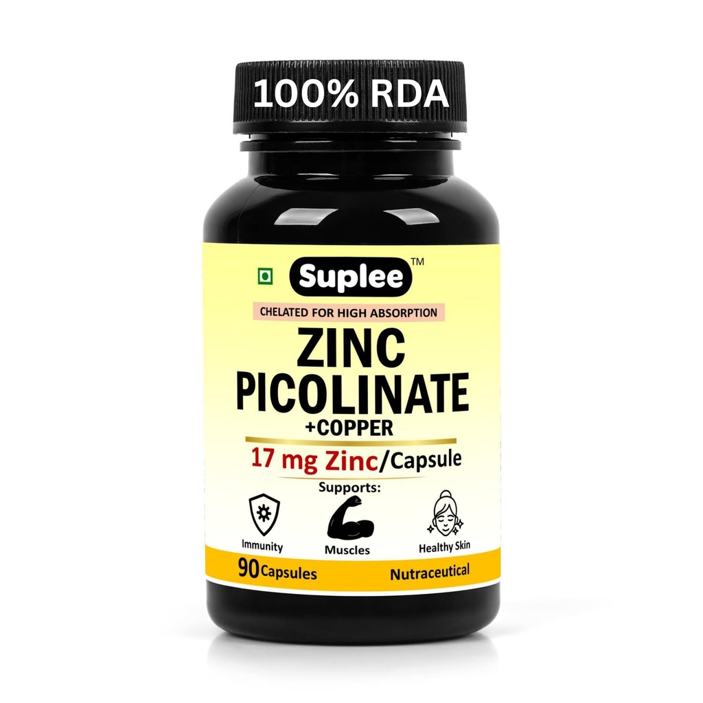 Suplee Zinc Picolinate with Copper Gluconate | High Absorption Zinc Supplement | Immunity, Skin Health & Muscle Support | 90 Veg Capsules