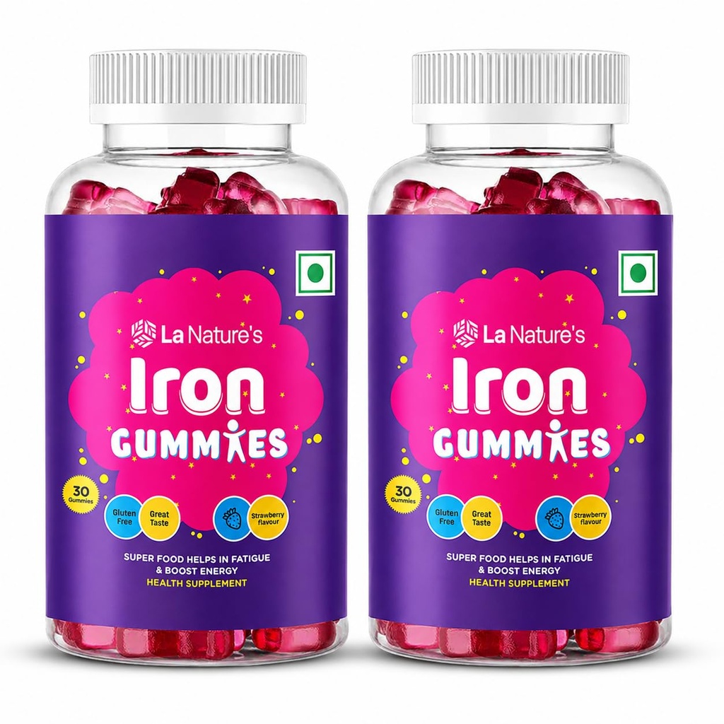 La Nature's Iron Gummies For Kids And Adults Superfood To Prevent Fatigue And Boost Energy Maintain Hameglobin Level Supports Immune System Strawberry Flavour (60 Gummies)