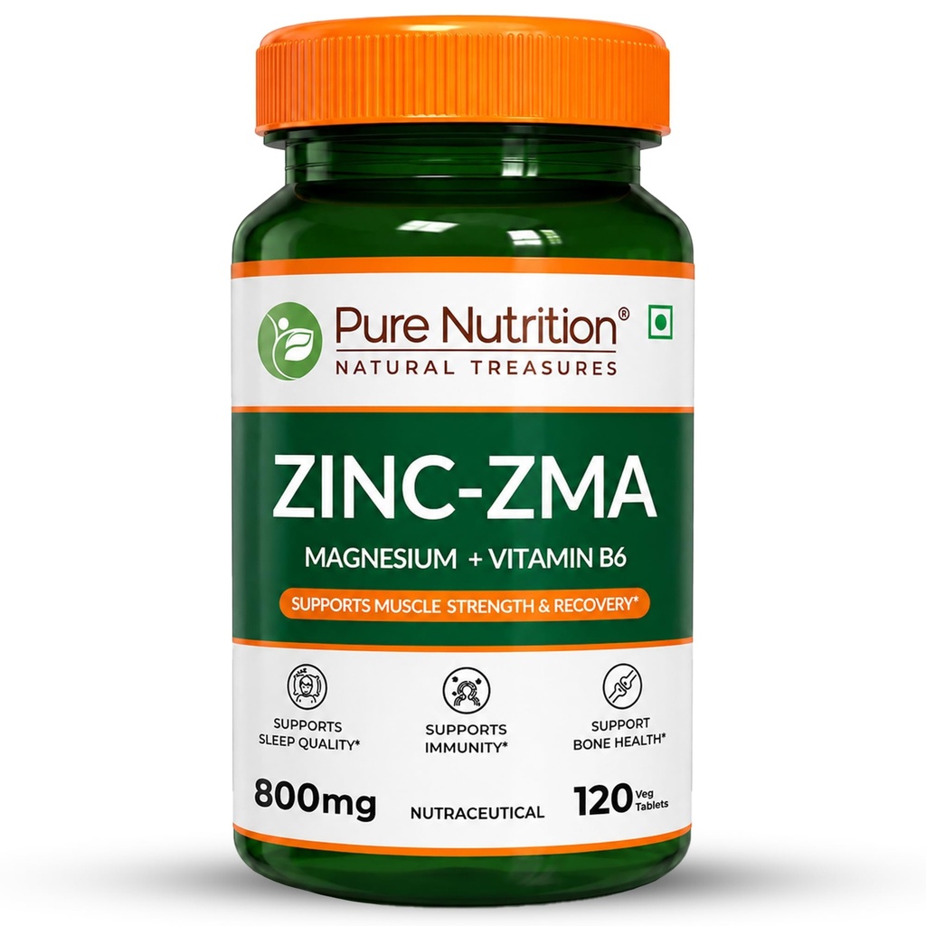 PURE NUTRITION NATURAL TREASURES Zinc ZMA Supplements for Men and Women | Zinc Magnesium Tablets for Muscle Recovery, Bone Support, Stress Relief and to Enhance Sleep Quality (120 Tablets)