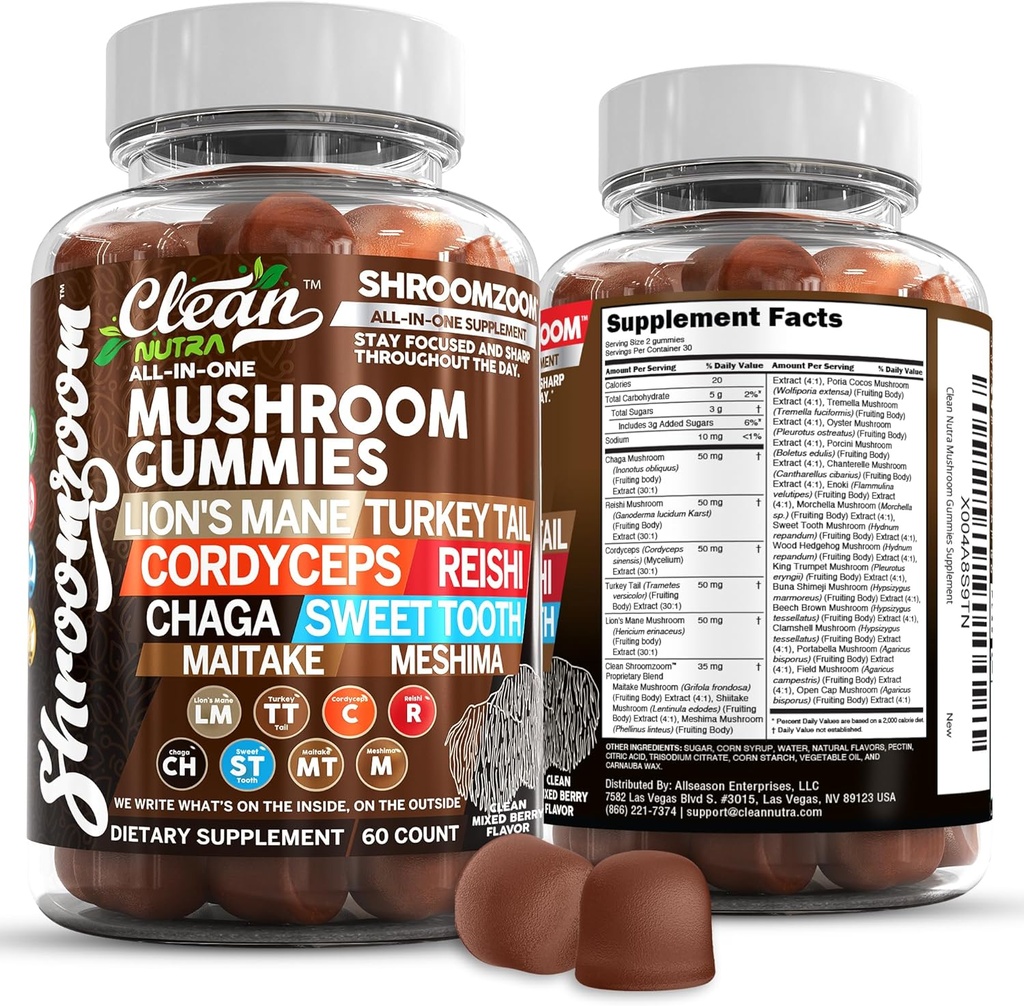 15in1 Mushroom Gummies with Lion's Mane Turkey Tail Cordyceps Reishi Chaga Sweet Toot Maitake Meshima Poria Cocos Shiitake Tremella, Oyster Agaricus Mushrooms for Men and Women Supplement Clean Nutra