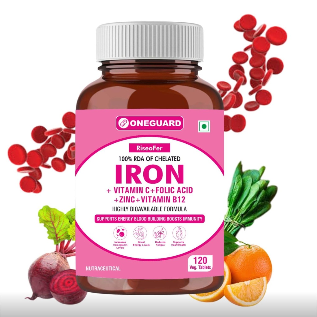 Chelated Iron + Vitamin C Tablets-120 capsules with Vitamin B12,Zinc,Folic Acid,Beetroot Extract-High Absorption,Supports Blood Building,Energy & Immunity,100% RDA,1count