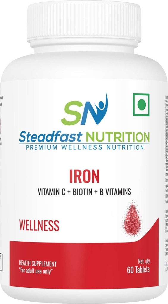 Steadfast Nutrition Iron Tablets – Fortified with Vitamin C, Biotin & 8 Essential B Vitamins for Anaemia Relief & Hair Health – 60 Count (56g)