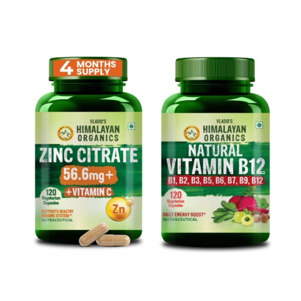Vlado's Himalayan Organics Zinc Citrate with Vitamin C + Plant-Based Vitamin B12 with B Complex & Moringa | Immune, Energy, Metabolism & Daily Wellness Support | Veg Supplement Combo