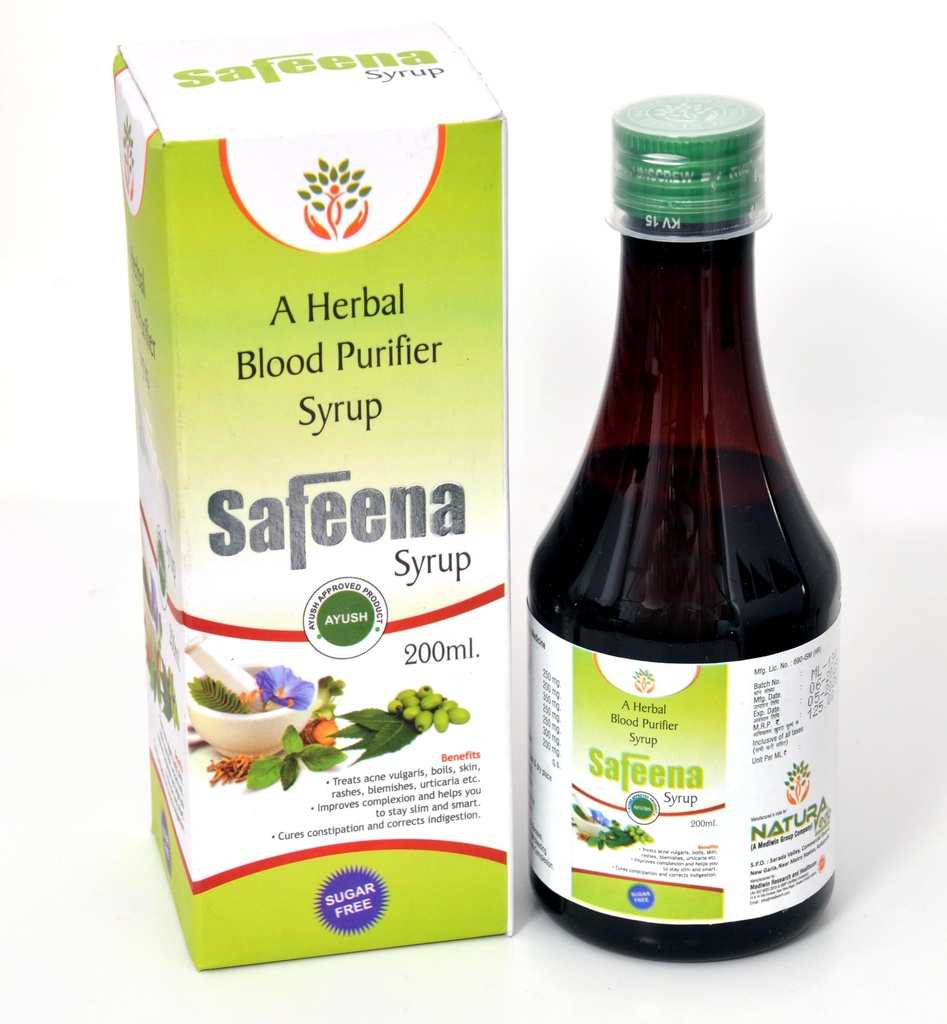 Safeena Syrup – Herbal Blood Purifier Syrup | Clears Acne, Pimples & Skin Impurities | Amla, Neem, Guduchi & Daruhaldi Blend | 200 mL | Mediwin Quality