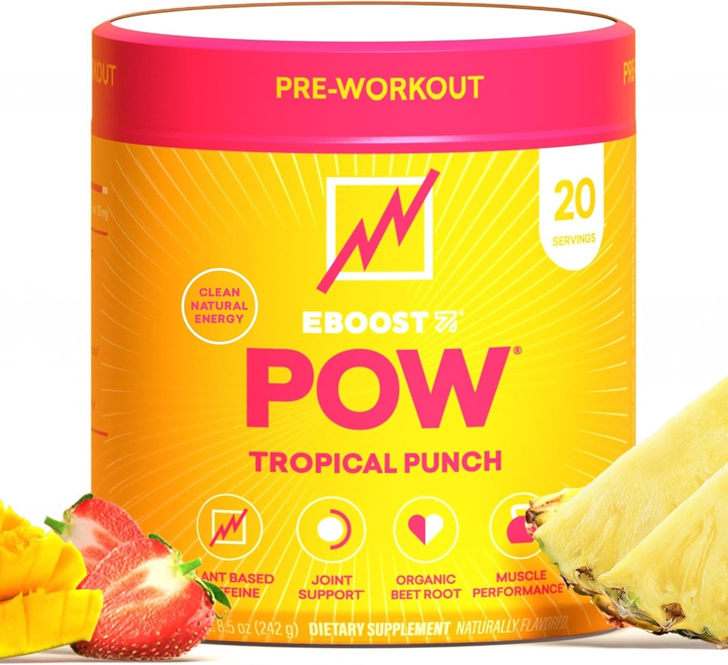 EBOOST POW Natural Pre Workout Powder – 20 Servings - Tropical Punch - A Pre Workout Supplement for Performance, Joint Mobility Support, Energy, Focus - Men & Women - Non-GMO, Gluten-Free, No Creatine