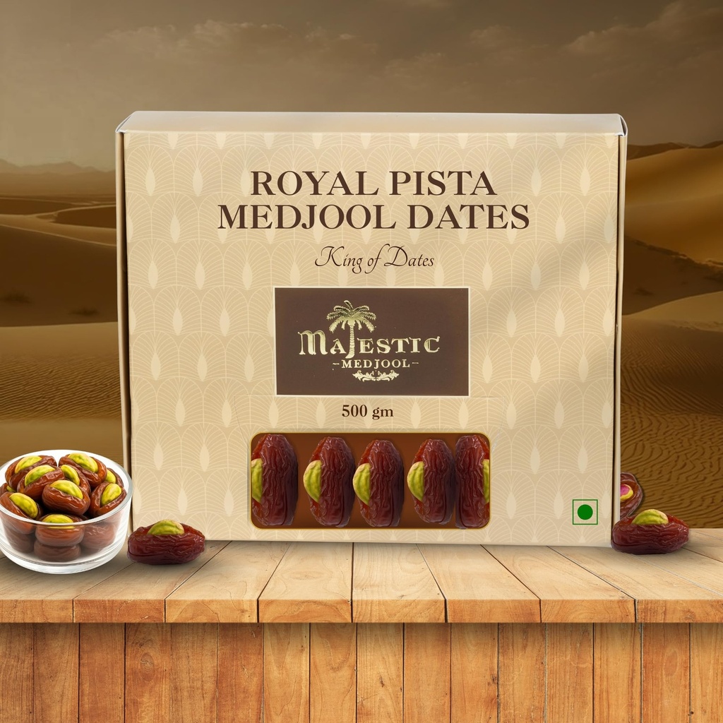 Majestic Premium Medjool Pista Filled Dates – 500g | Handpicked Soft & Juicy Medjool Dates Stuffed with Crunchy Roasted Pistachios | Naturally Sweet Gourmet Snack | Protein-Rich, High-Fiber, Nutrient-Packed Superfood | No Added Sugar, No Preservatives | Perfect for Healthy Snacking, Fitness Diets & Festive Gifting | Hygienically Packed for Freshness & Quality