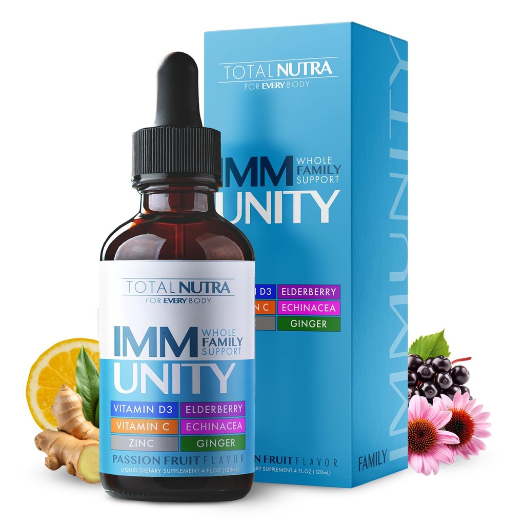 Total Immune 6-in-1 Liquid Multivitamin Supplement | 100% Daily Zinc, Vitamin D3, Vitamin C Immunity Drops Vitamin Liquid | Elderberry, Echinacea, Ginger Support for Adults & Kids | 4 oz Passion Fruit