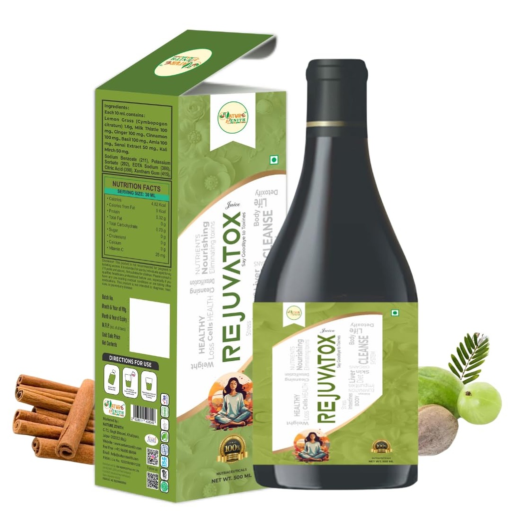 Nature Zenith Rejuvatox Liver Detox Juice – Ayurvedic Gut Cleanse & Digestion Support Drink with Milk Thistle & Amla – Metabolism Booster Herbal Formula – 500 ML
