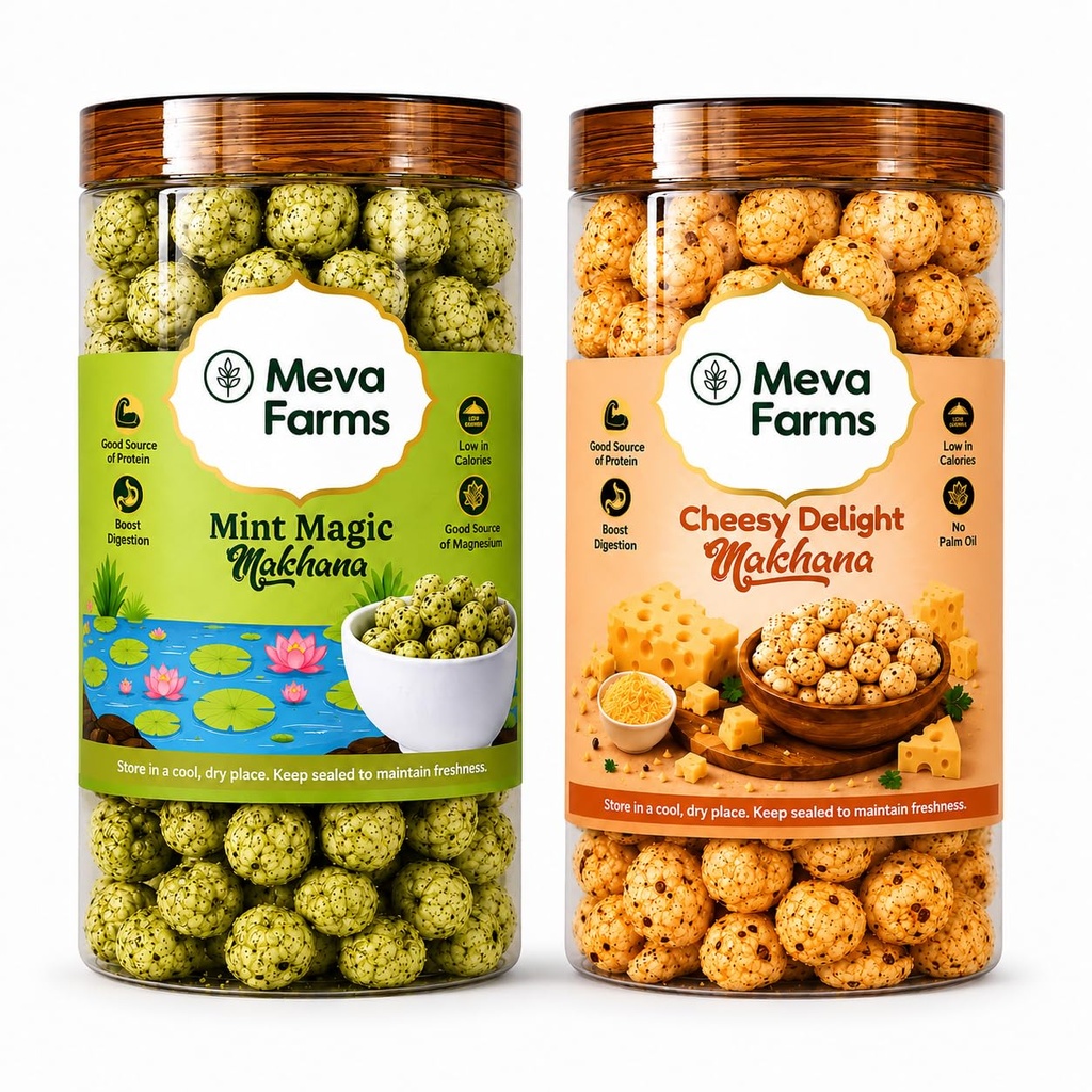 Meva Farms Mint Magic Roasted Makhana 70g & Cheesy Delight Roasted Makhana 70g (140g) | Combo Pack | Healthy Snack | High Protein, Low Calorie | Gluten Free | Roasted Lotus Seeds | No Palm Oil