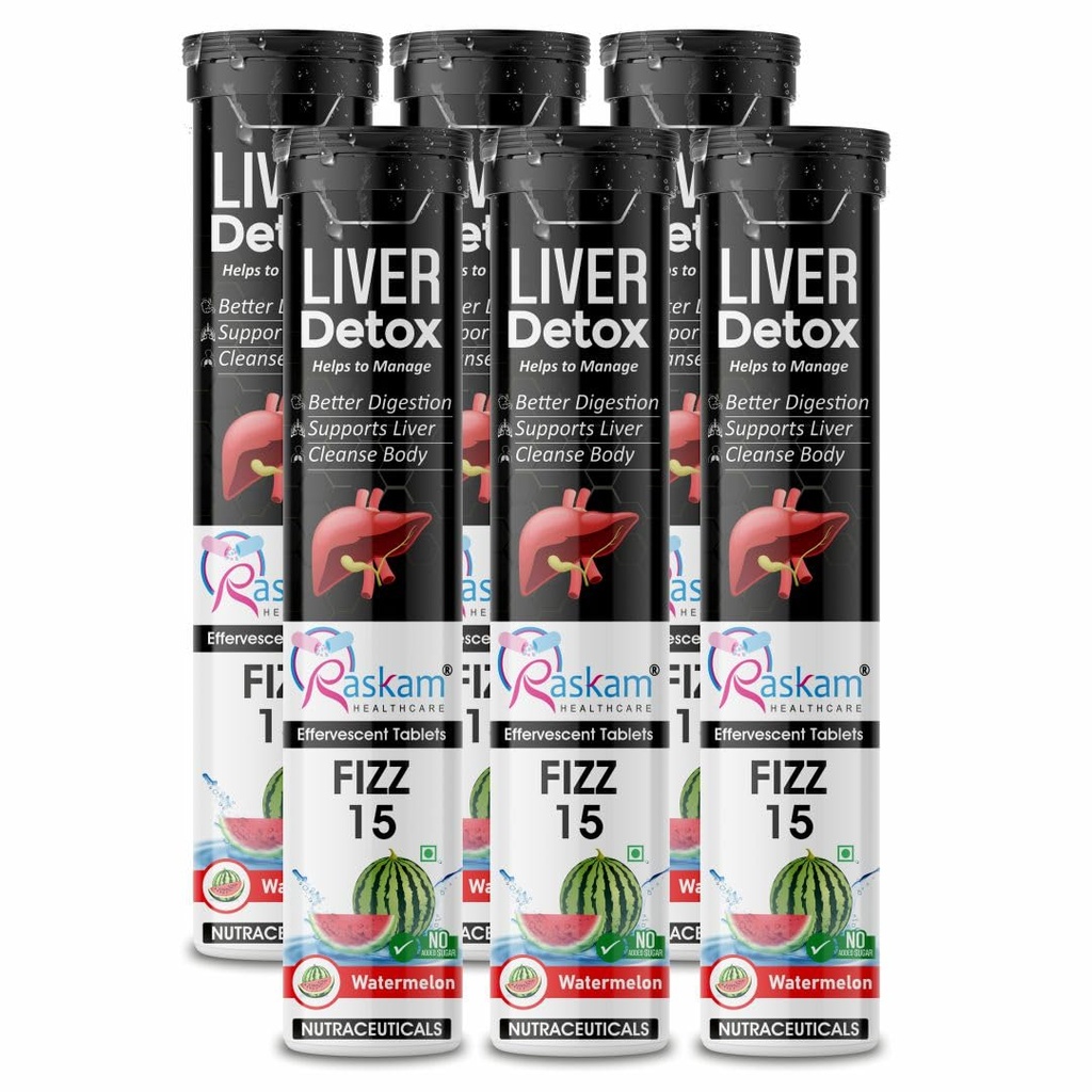 Liver Detox Effervescent – Plant-Based Detox with 9 Ayurvedic Herbs | Sugar-Free | Refreshing Watermelon Flavor | Drop, Fizz, Sip | Fizz 15 Tablets Pack of 6