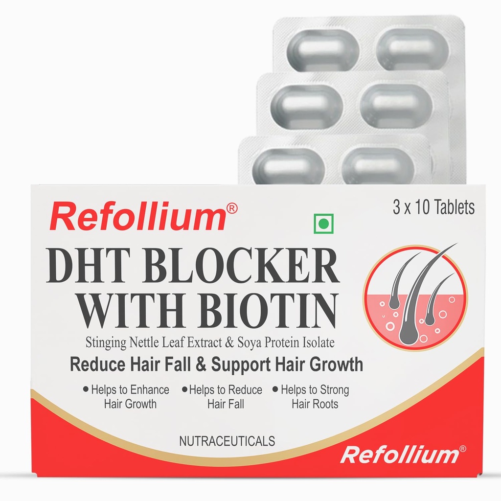Refollium DHT Blocker with Biotin | Helps Reduce Hair Fall, Stimulates Hair Growth | Hair Vitamins for Men & Women (30 Tablets) (DHT BLOCKER)