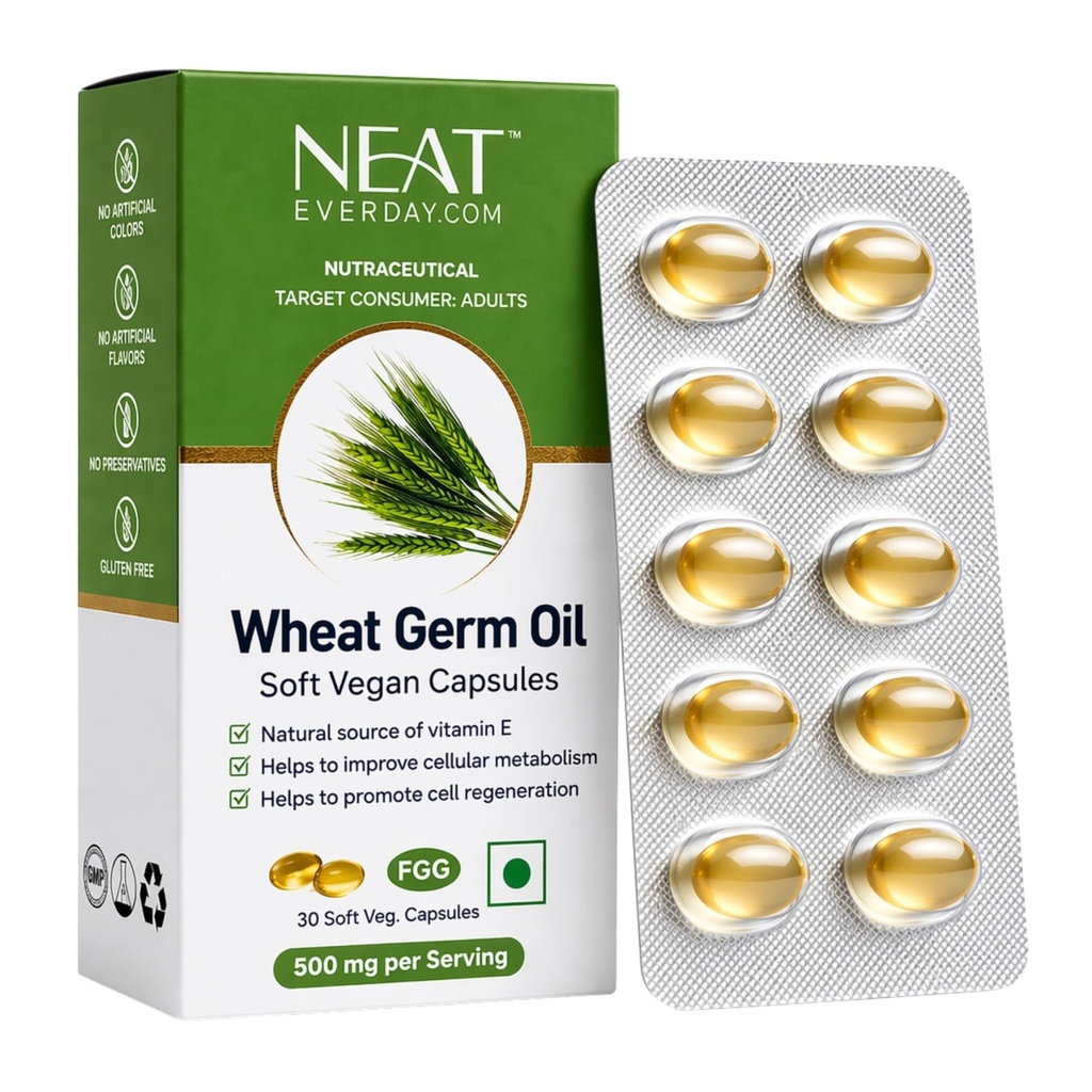 Neat Everyday Wheat Germ Oil Cold Pressed Capsules 1000mg – 30 Vegan Softgels (Blister Pack) | Vitamin E Antioxidant for Skin, Hair, Heart & Immune Health