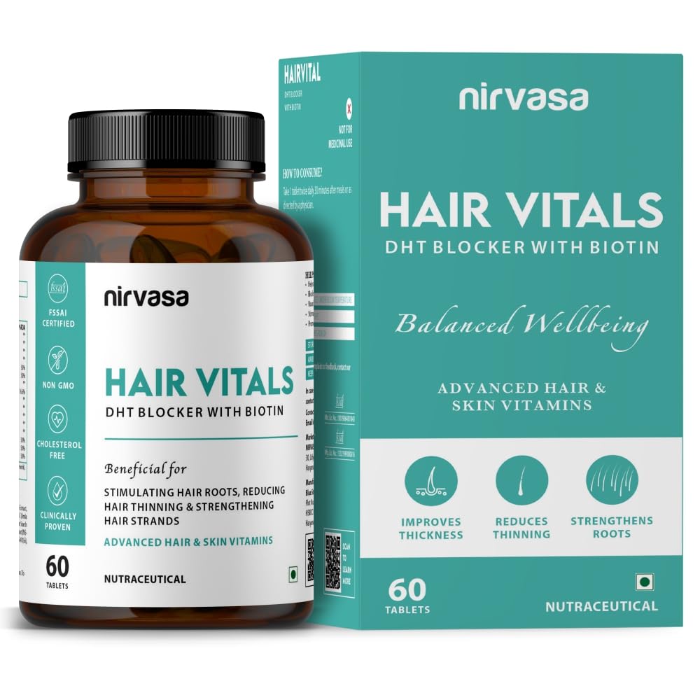 Nirvasa Hair Vitals DHT Blocker with Biotin (650mg) – 60 Tablets | Supports Hair Growth, Strength & Thickness | Reduces Hair Fall & Breakage | With Beta-Sitosterol | For Men & Women – Pack of 1
