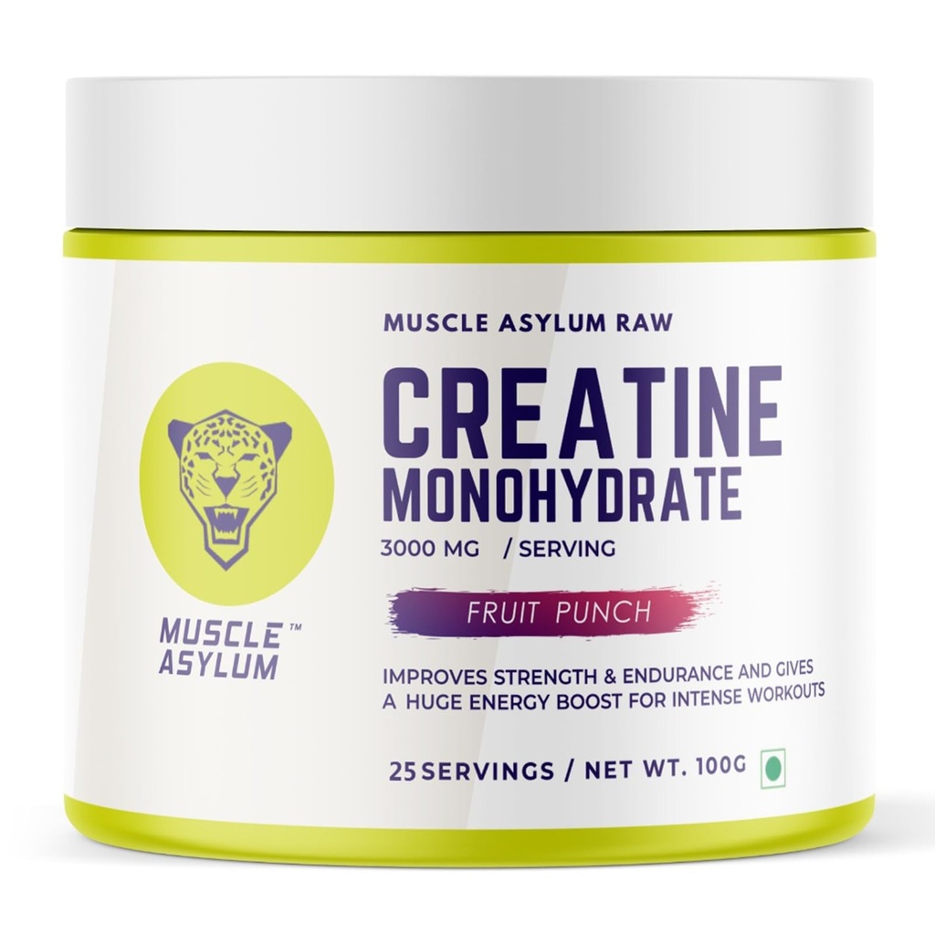 Muscle Asylum Creatine Monohydrate Fruit Punch Flavour 100g | 3000mg Creatine Per Serving | Pre Workout & Post Workout Supplement for Strength, Energy & Endurance | Micronized Creatine Powder for Men & Women | Lean Muscle Recovery & Gym Performance Booster | 25 Servings